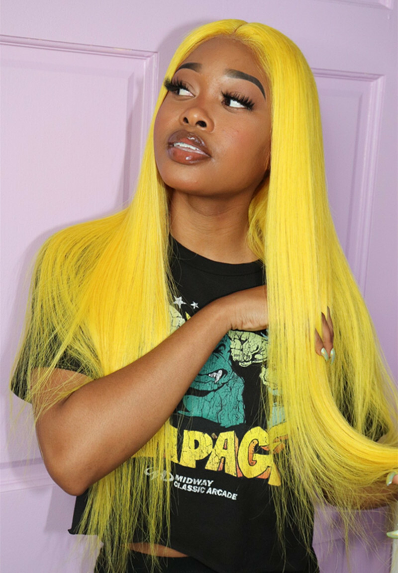Lace Front Yellow Wig 24In Long Straight Yellow Wig for Women Cosplay Party Wear