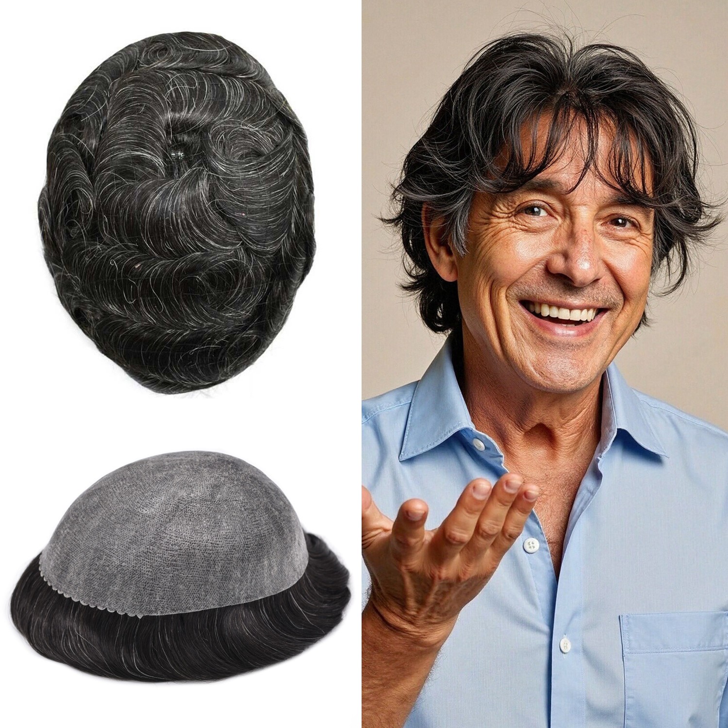 Men Human Hair Piece Replacement Systems Thin Skin Full Poly Toupee Hair Units