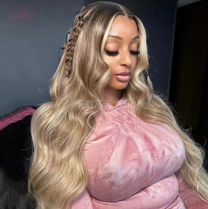 Brown Highlight Ash Blonde Body Wave Lace Frontal Wig Pre Plucked Human Hair Wig