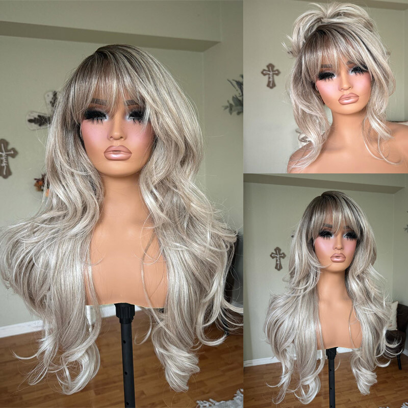Ombre Ash Gray Blonde Wave Wig with Bangs 13×4 Lace Frontal Wigs Remy Human Hair