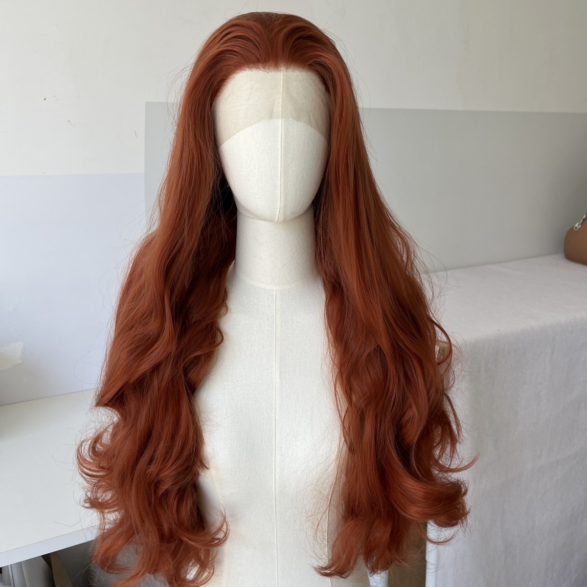Glue Less Lace Front Wig Copper Red Synthetic Hair Heat Resistant Long Wavy