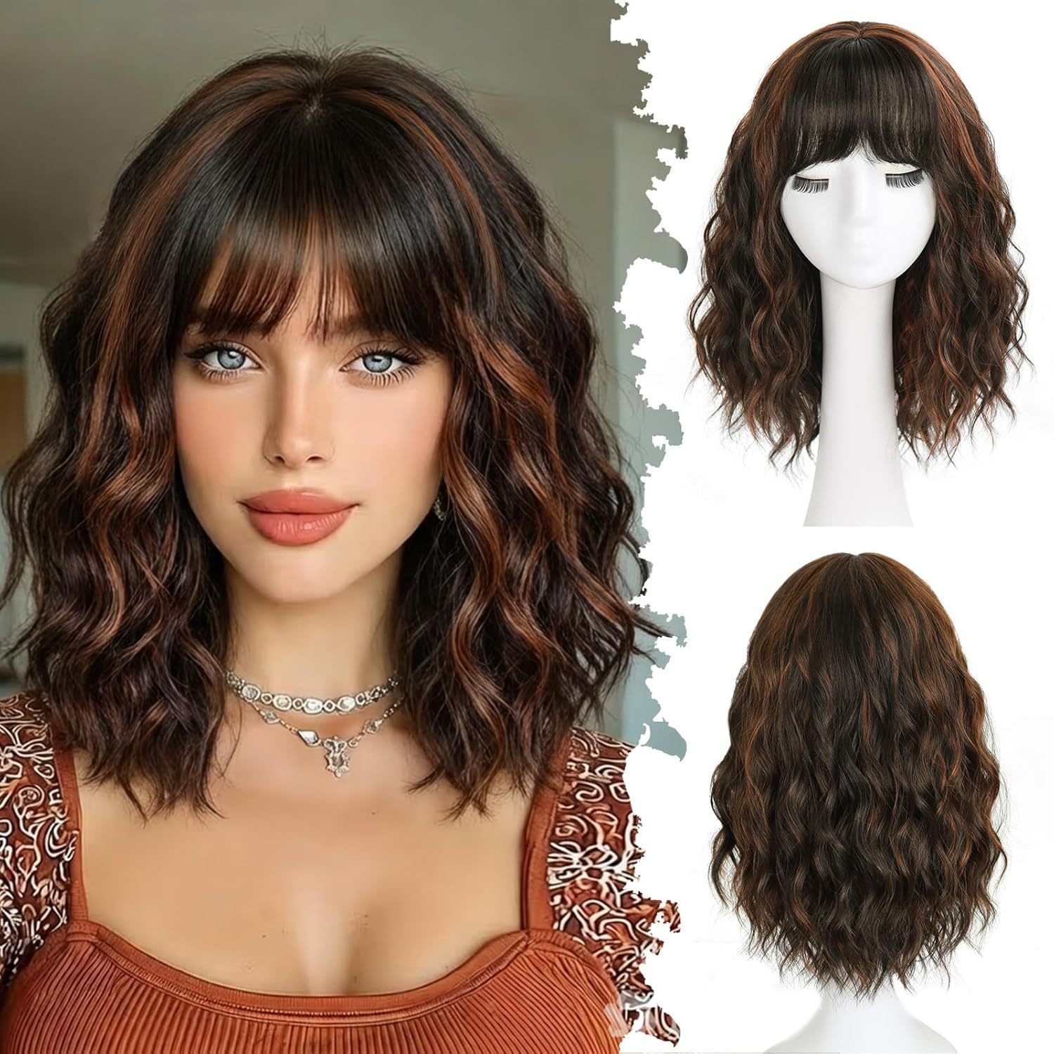 Water Wave Short Curly Wig with Bangs Heat Resistant Synthetic Full Wig for
