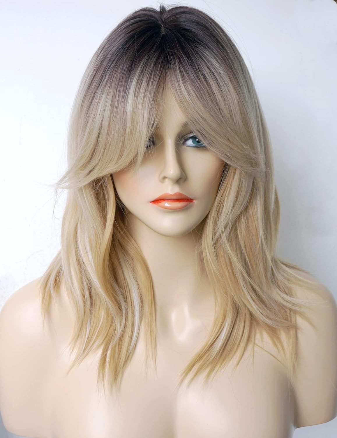 Medium Length Blonde Ombre Wolf Tail Wavy Wig for White Women Short Wavy Hair