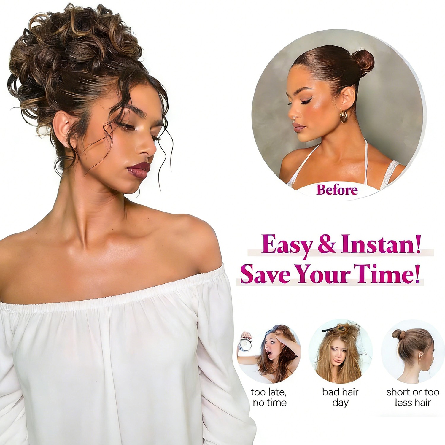 Real Natural Curly Messy Bun Hair Piece Scrunchie Hair Extensions AS Human 90G M