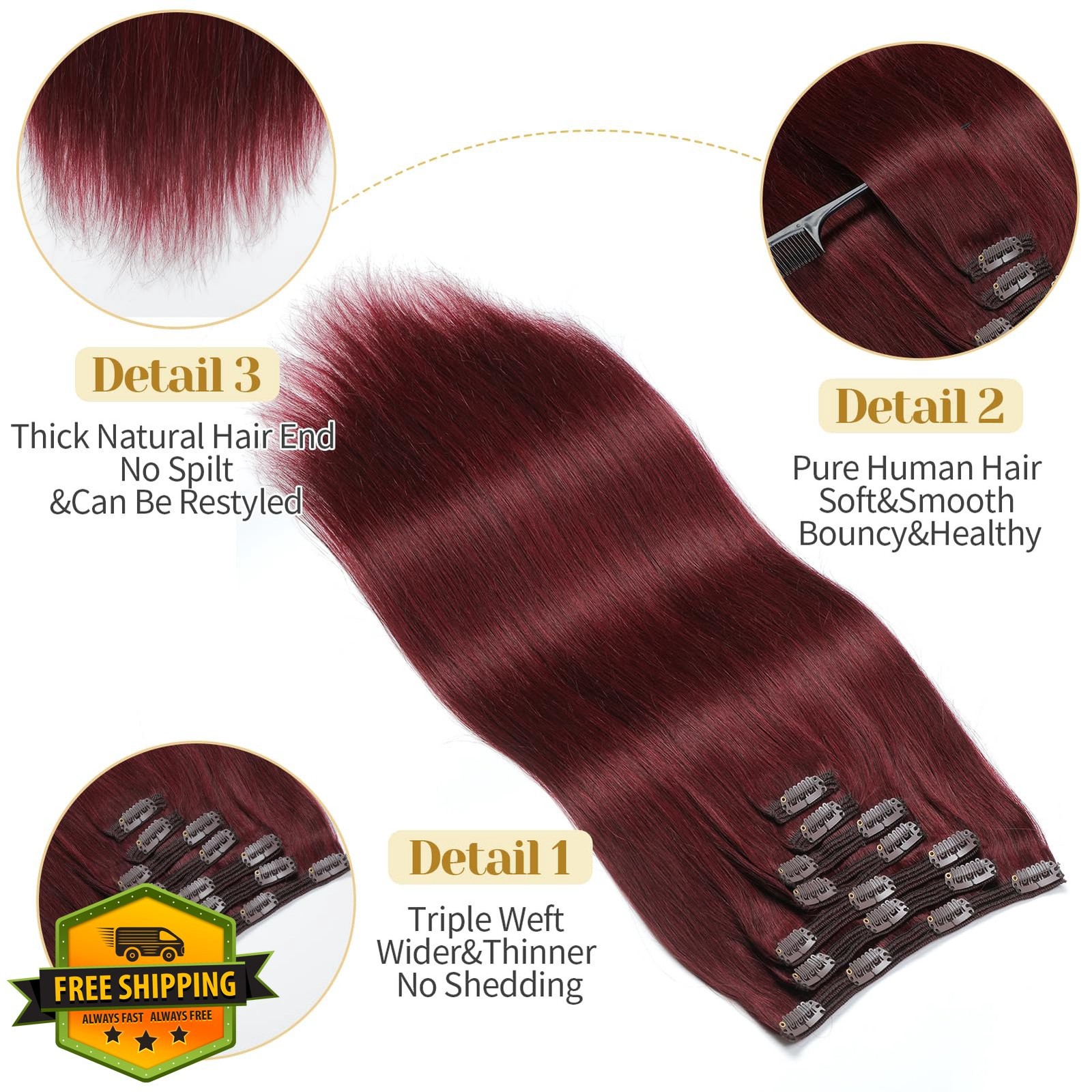 Mocona Clip Ins 16″ Burgundy Red Human Hair 7pcs 140g Straight