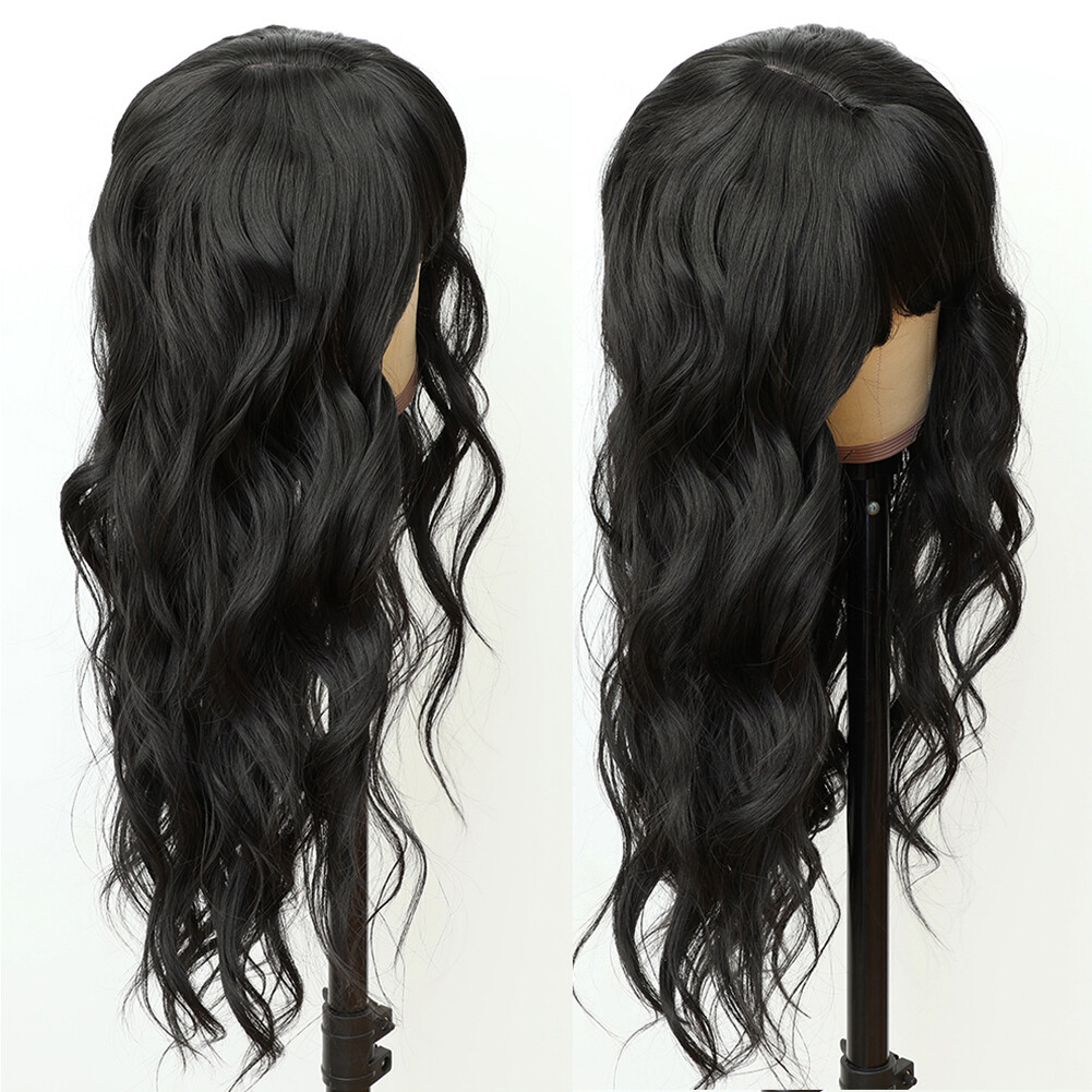 Synthetic No Lace Wigs Full Bangs Loose Wavy Long Black Heat Resistant Natural