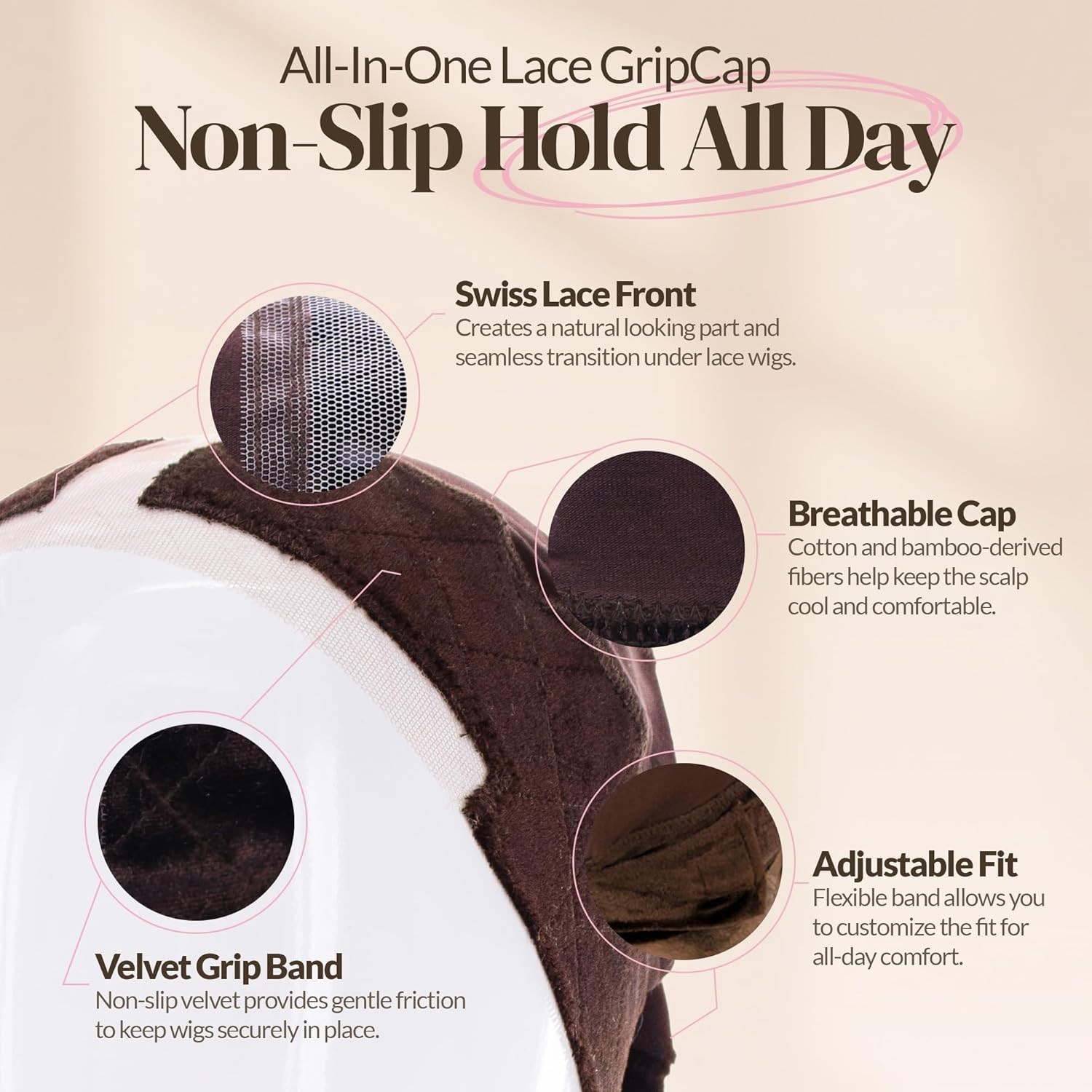 Adjustable Wig Grip Caps for Women – Secure Lace Top, Breathable & Soft Fabric