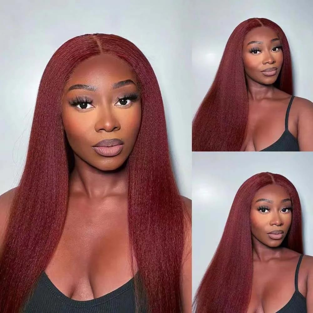 13×4 Kinky Straigh 99J Burgundy Human Hair Transparent Lace