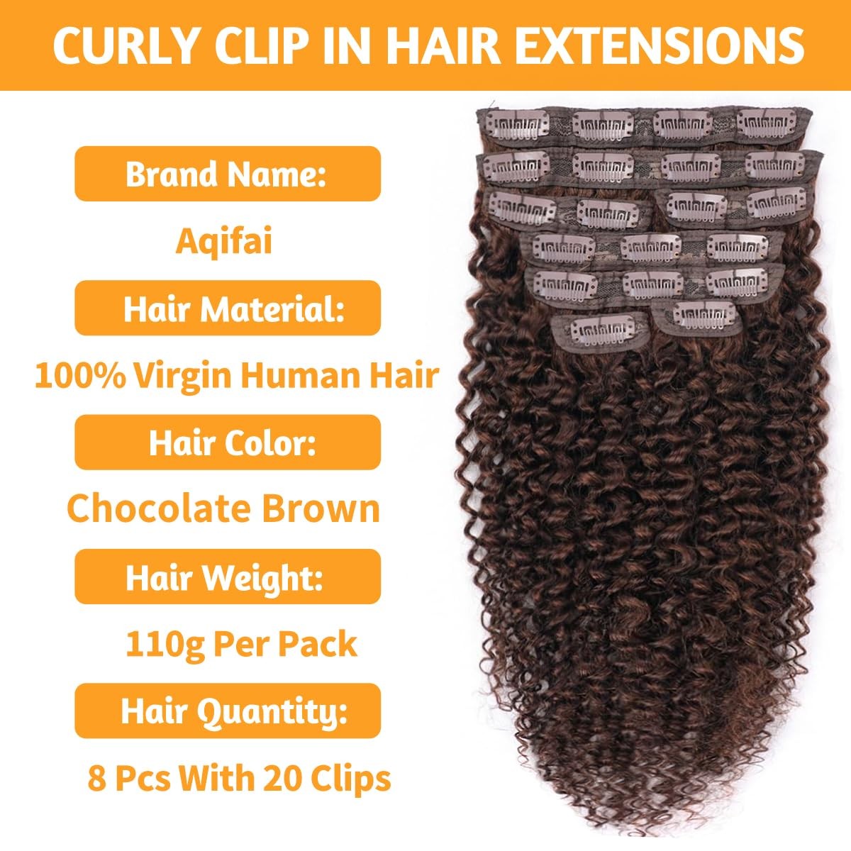 Chocolate Brown Curly Clip Ins 22 Inch 110g 8pcs 3C 4A Kinky Curly Clip In Ha…