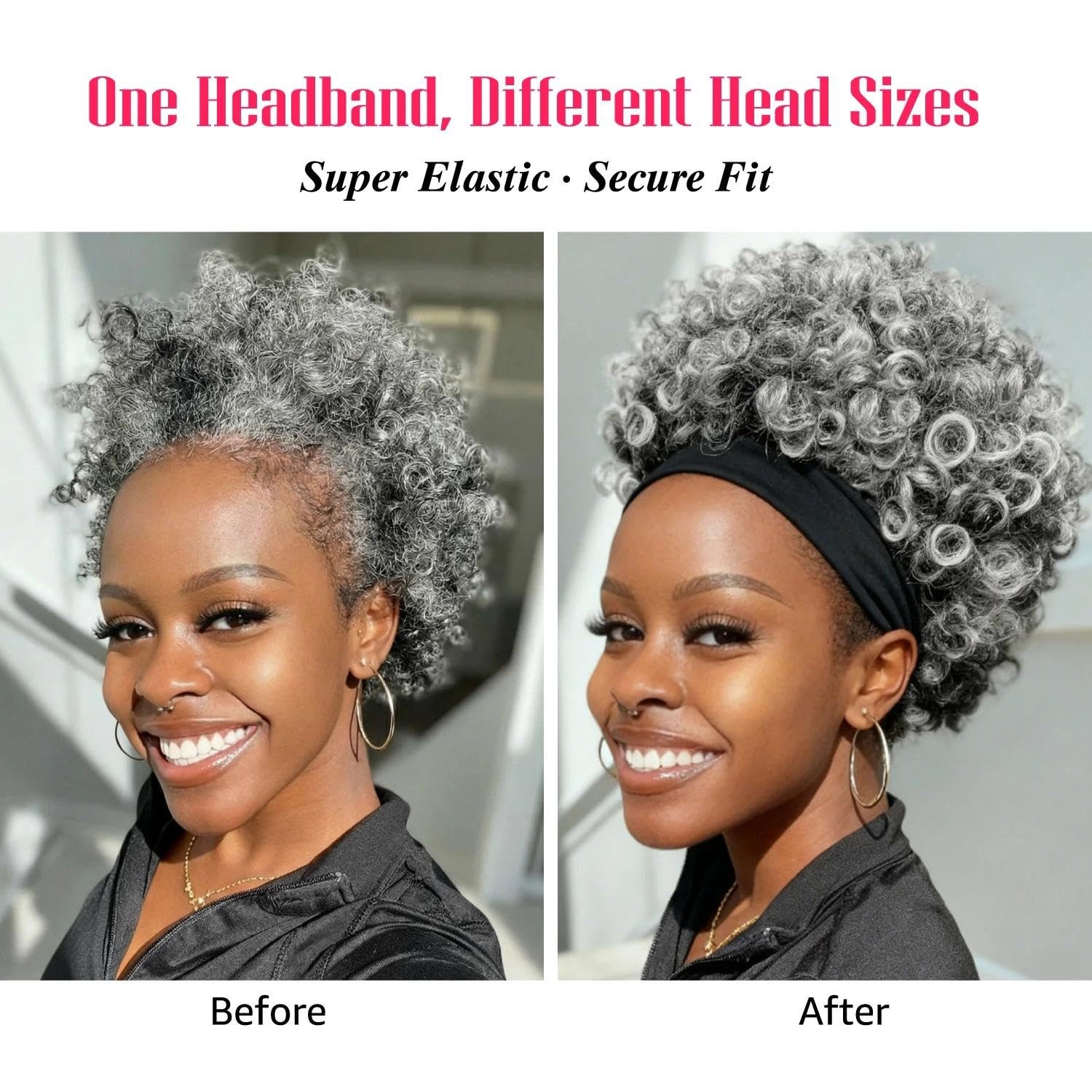 Short Salt and Pepper Afro Curly Headband Wig for Black Women, Gray Kinky Cur…