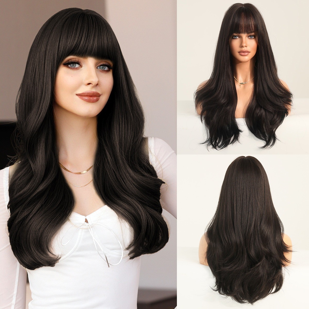 The lady has naturally long golden hair and is wearing a synthetic blonde wig