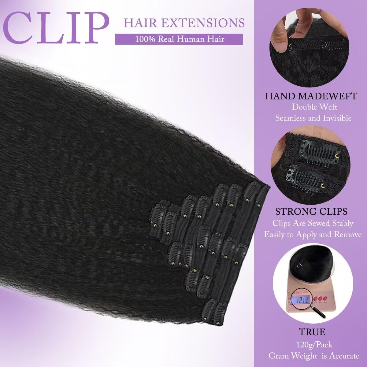 22″ Kinky Straight Clip-In Hair Extensions 120g 8Pcs Double Weft Human Hair Full