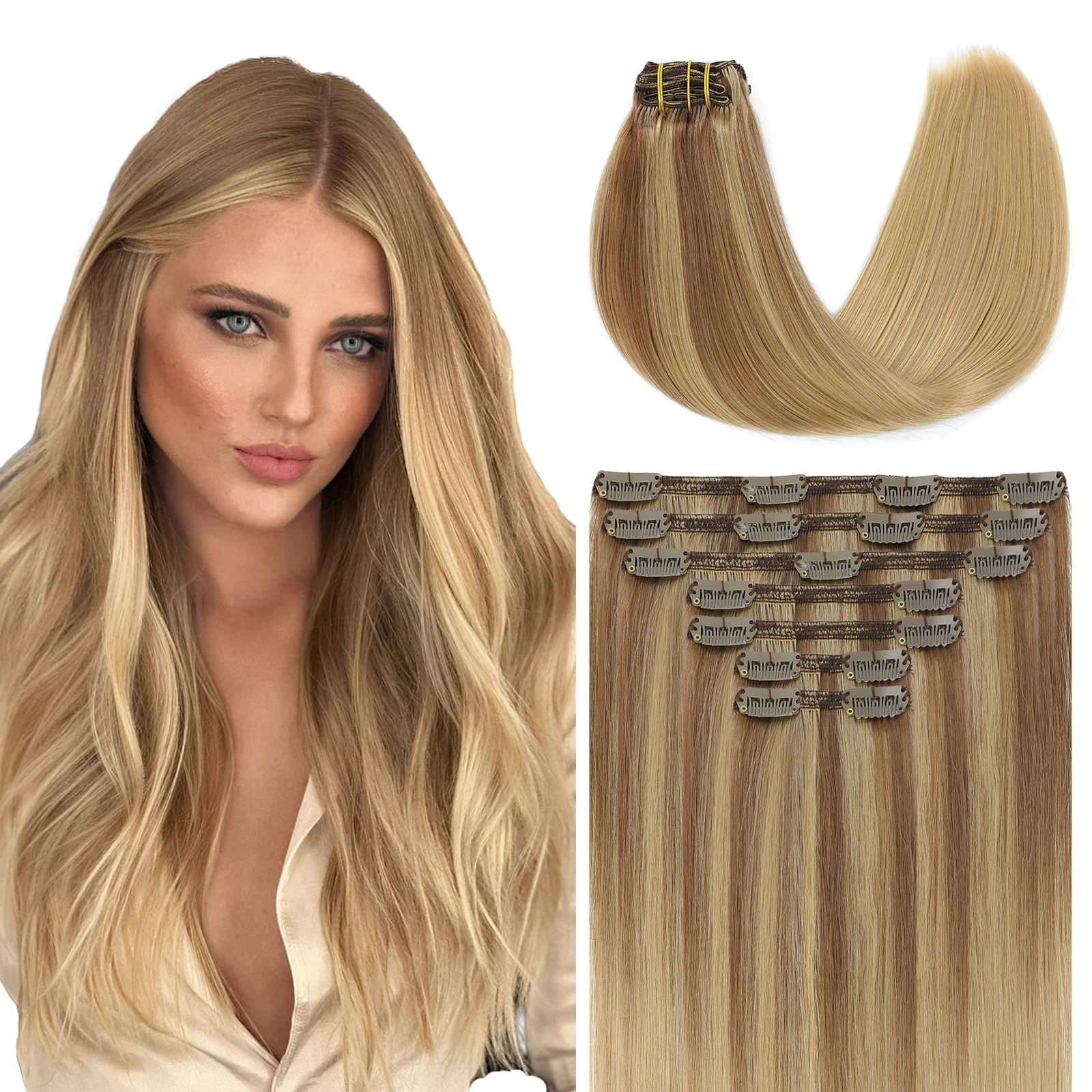 Clip in Hair Extensions 140g 7 Pieces #10/27/27 Golden Blonde 14inch – Soft