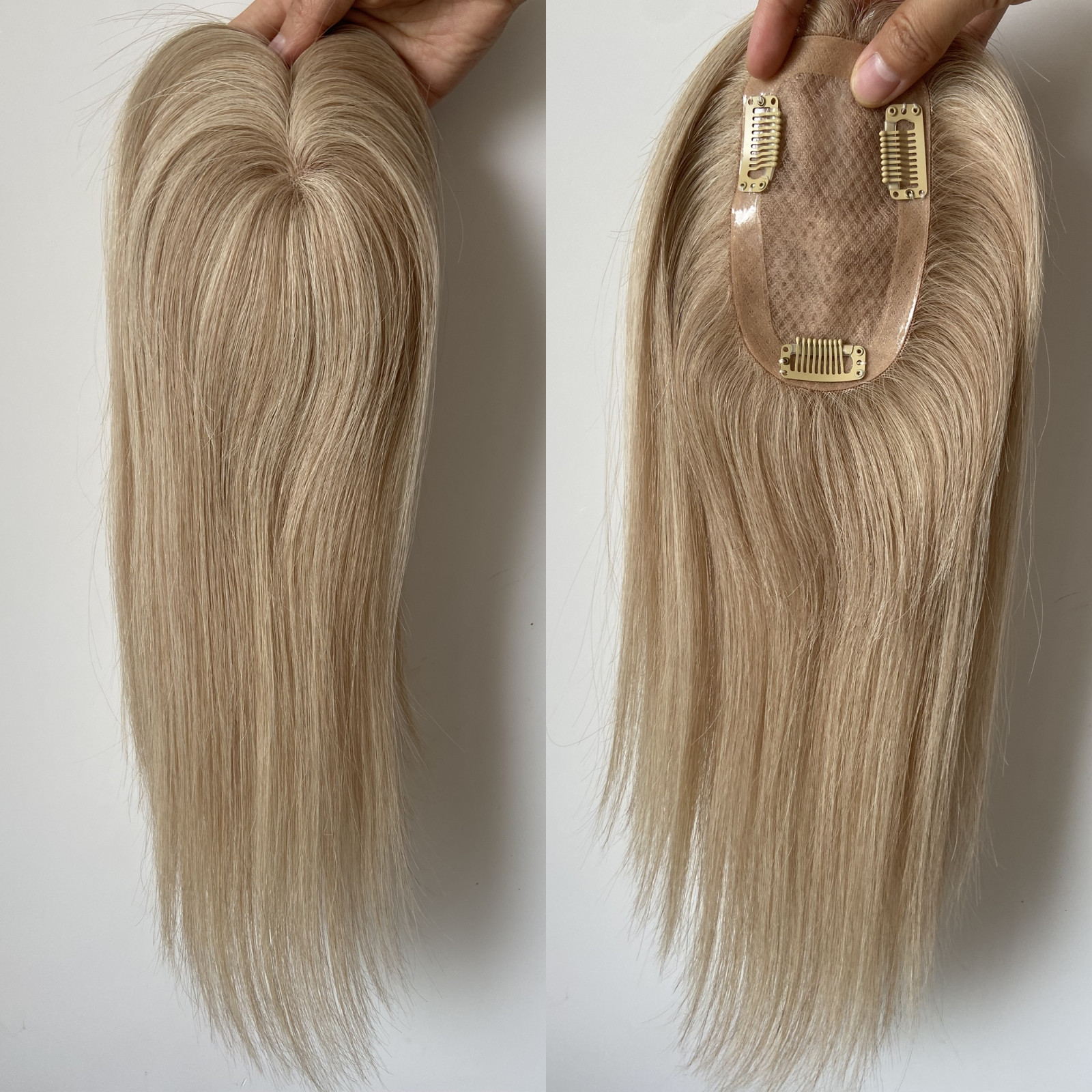 100% HUMAN HAIR CLIP IN 3X5 MONO TOPPER HONEY BROWN W/BLONDE HIGHLIGHTS 14″ 16″