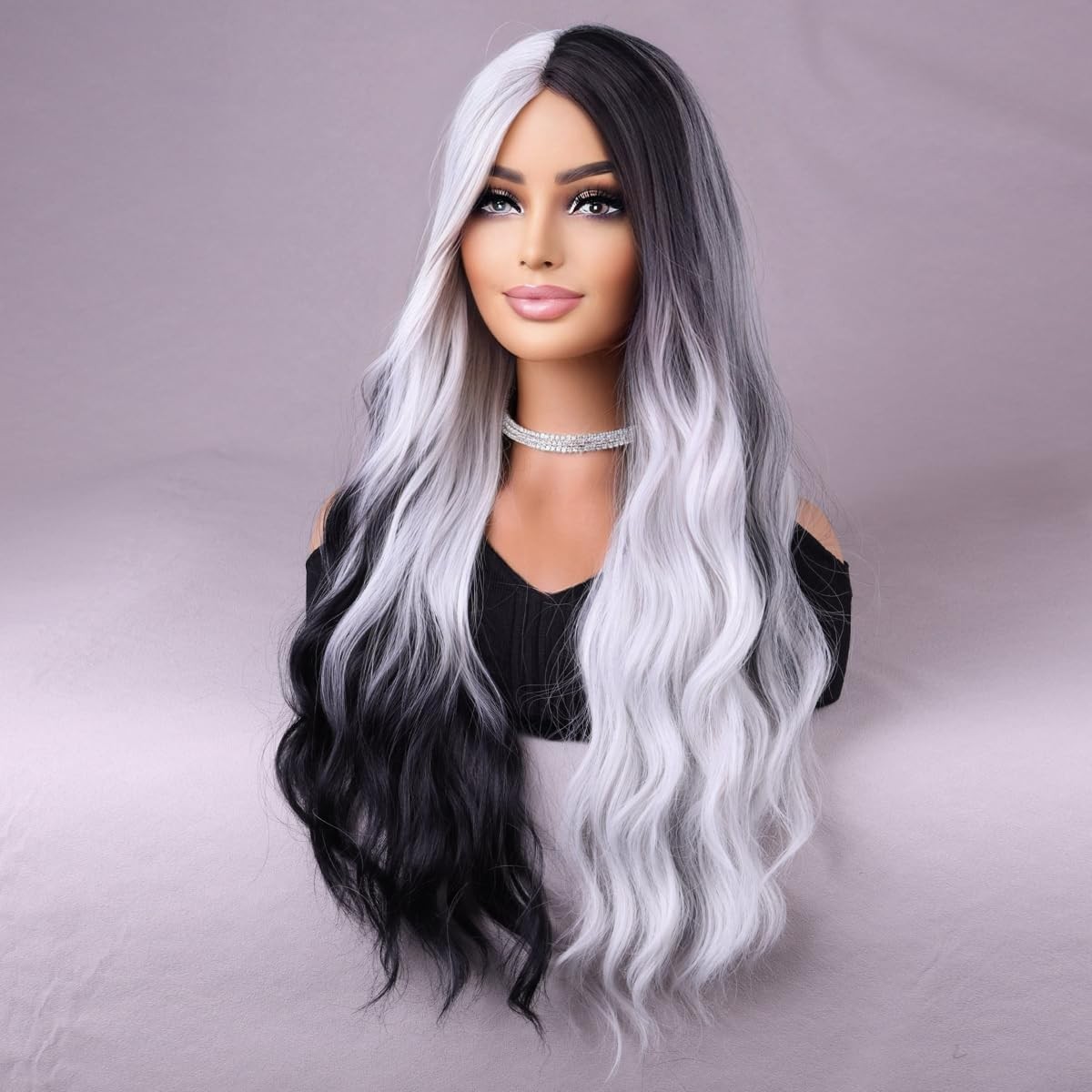 Black White Wig Long Wavy Split Wigs for Women Long Curly Black White Wig for…