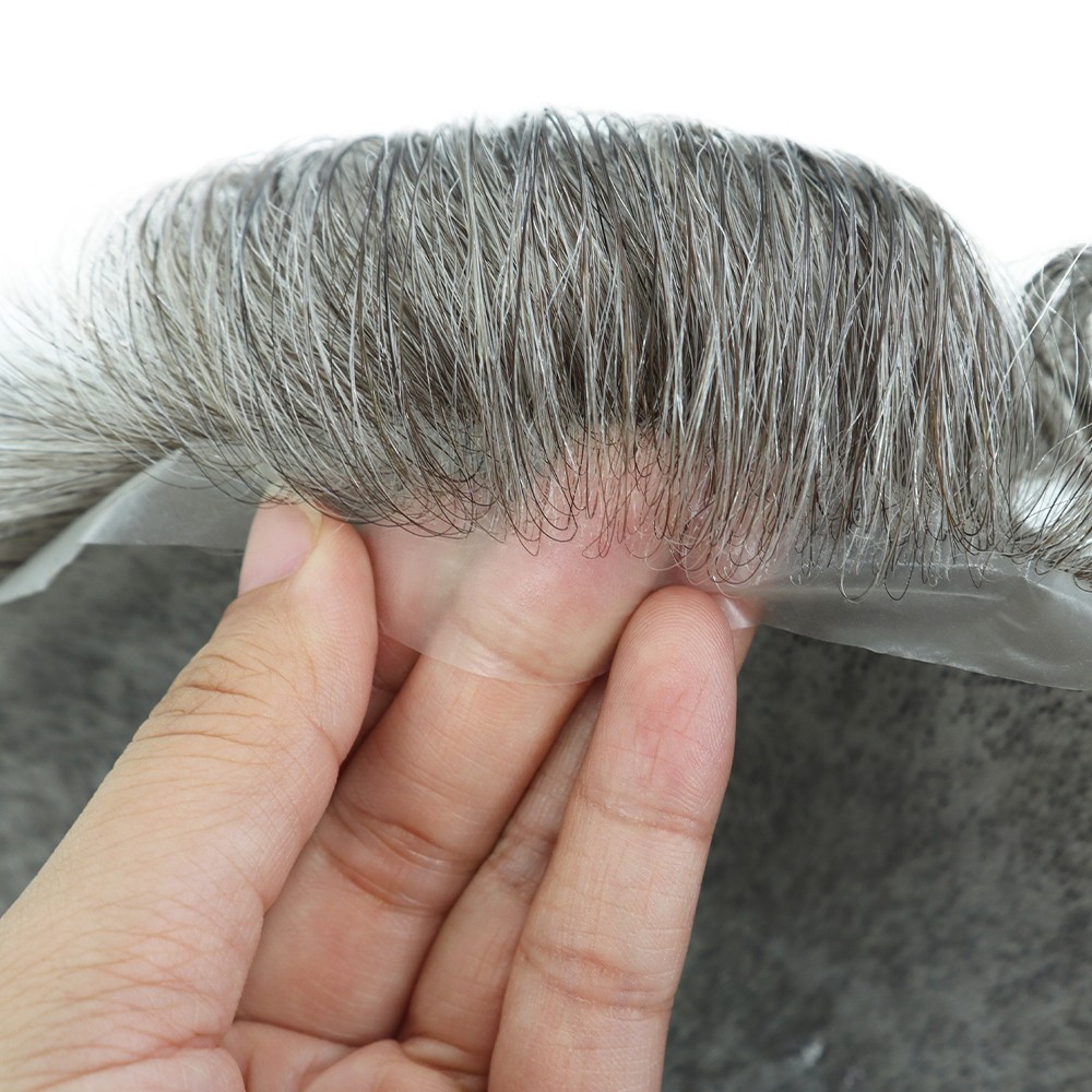 Toupee for Men Human Hair System Unit 0.05mm Thin Skin BIO Grey Hairpieces #365