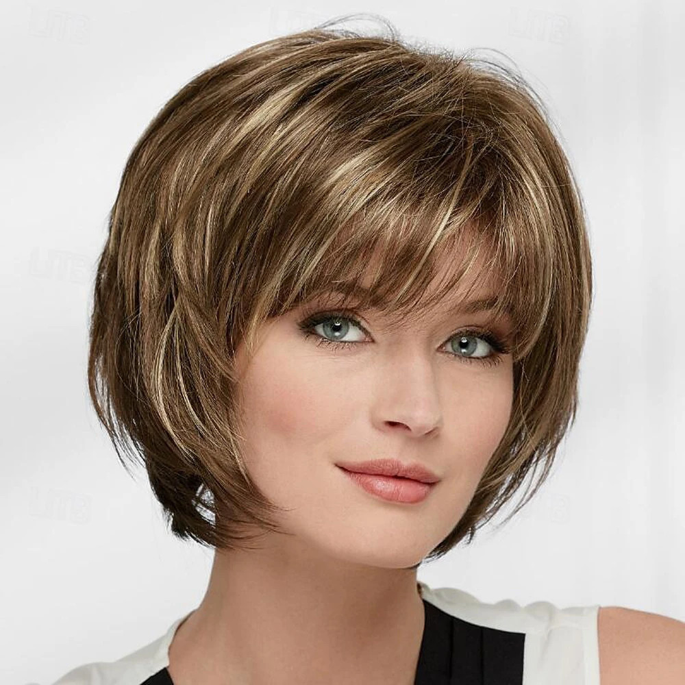 Honey Drizzle Layered Short Bob Cut Hair Blend Heat Ok Wigs Women Wigs