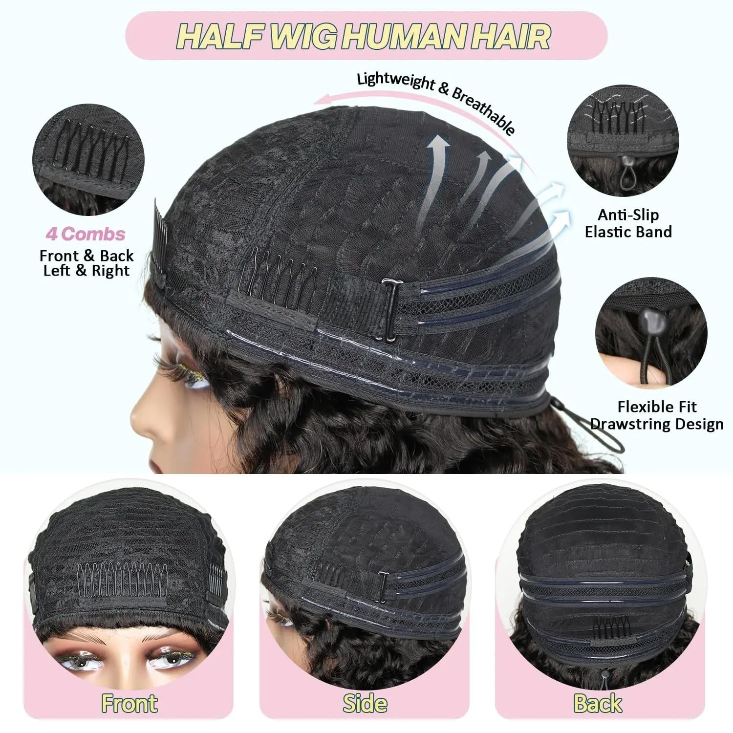 200 Density Curly Half Wig Human Hair 22″ Seamless Flip Over Glueless Wear & Go