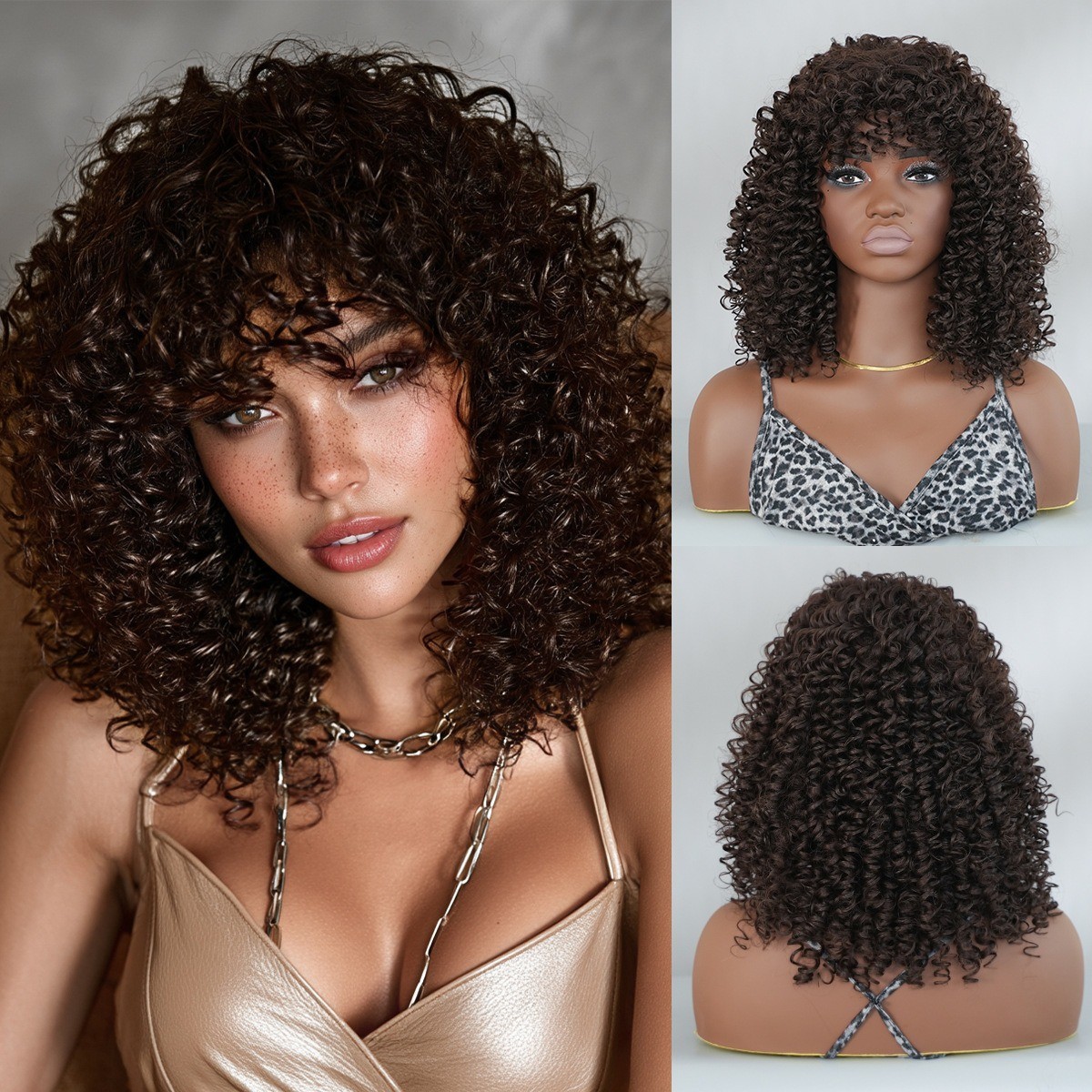 Black spring coil wig with deep wavy long hair for black people with air bangs