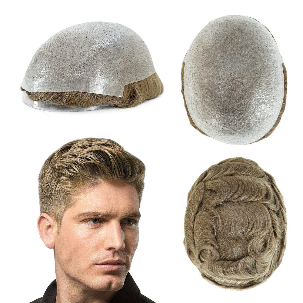 Mens Toupee Human Hair Replacement Full Poly Skin Injected PU System Men Wig