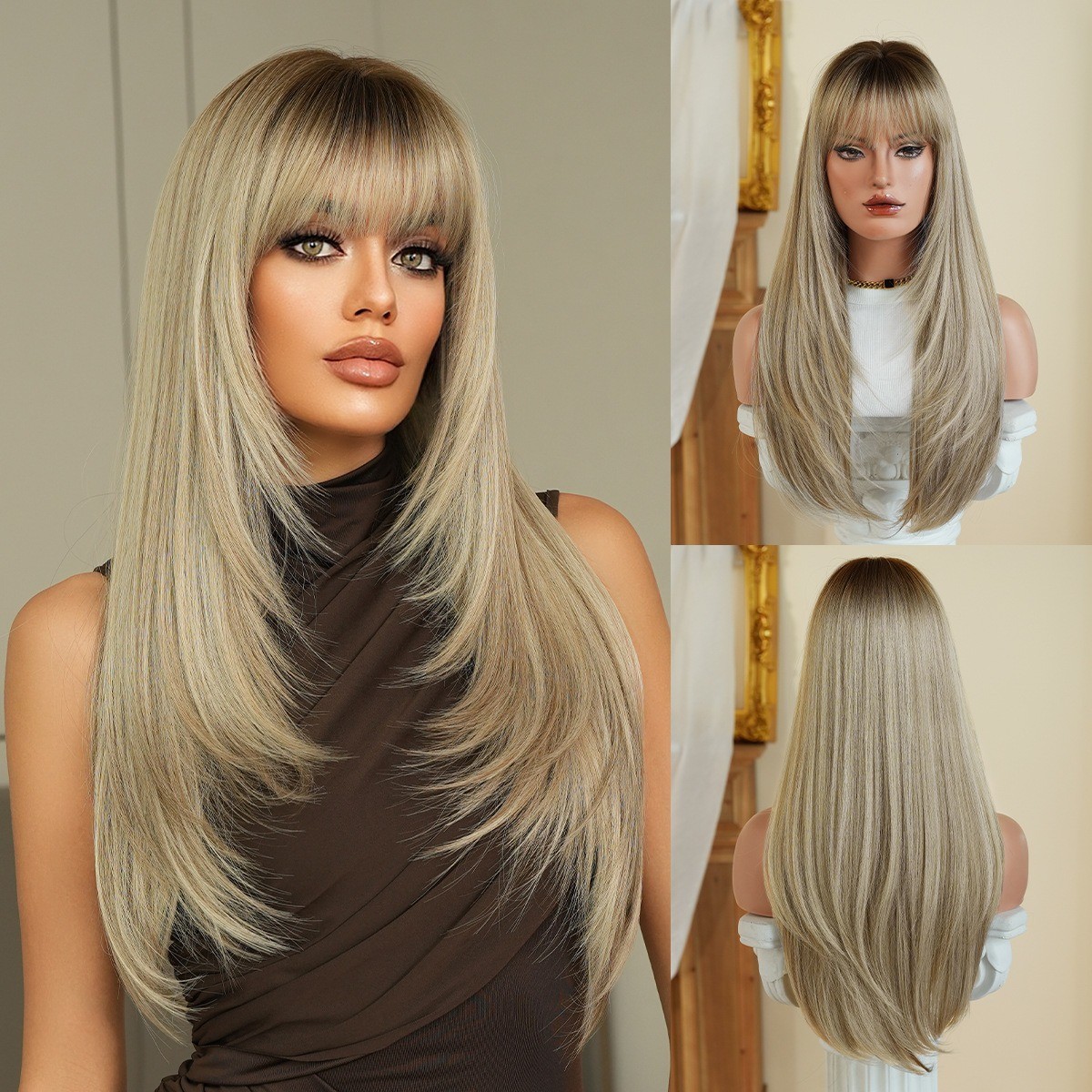 Long straight hair multi-layered fringe with fluffy synthetic heat-resistant fib