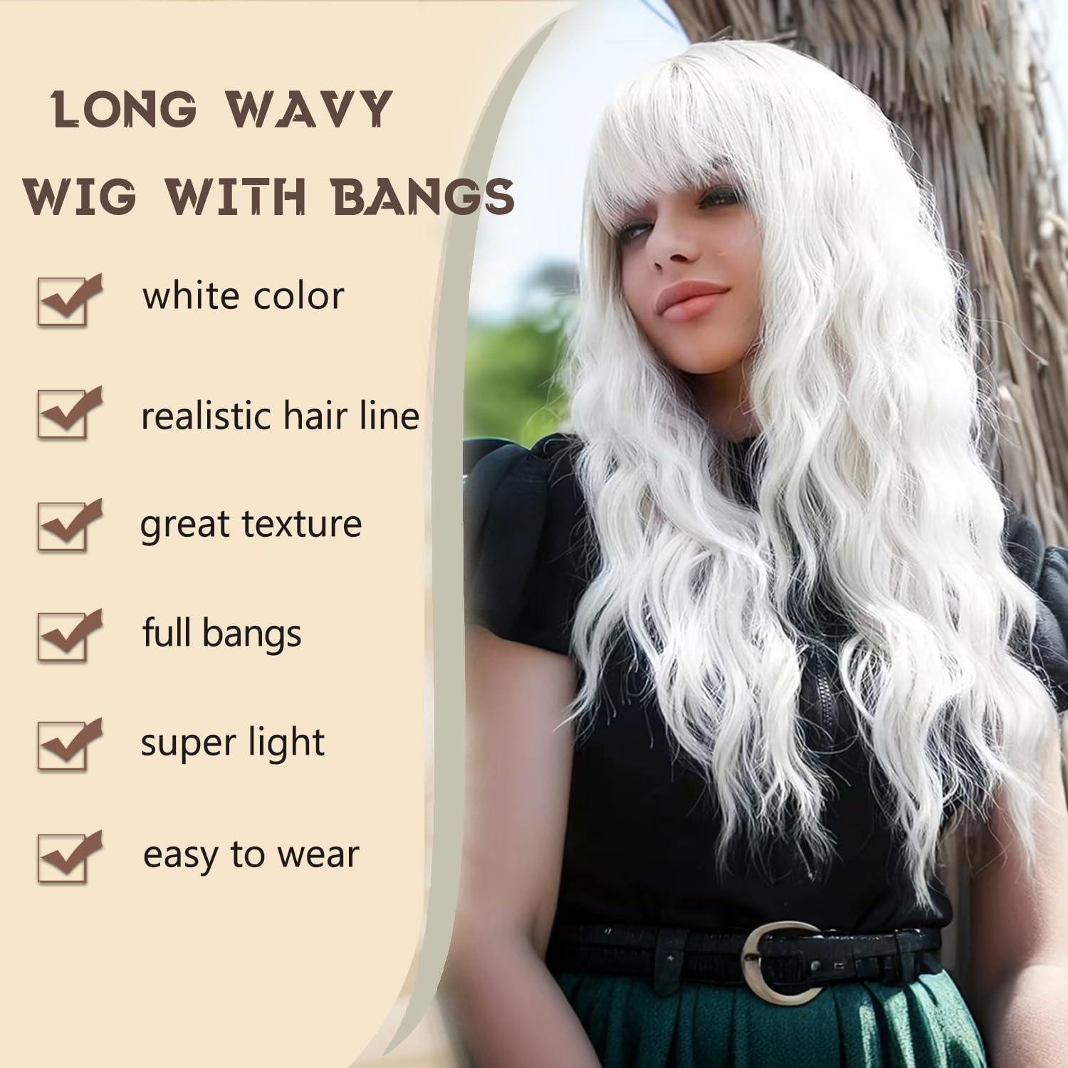 White Wig with Bangs for Women, Long Wavy White Wig 26 Inch Wigs Heat Resista…