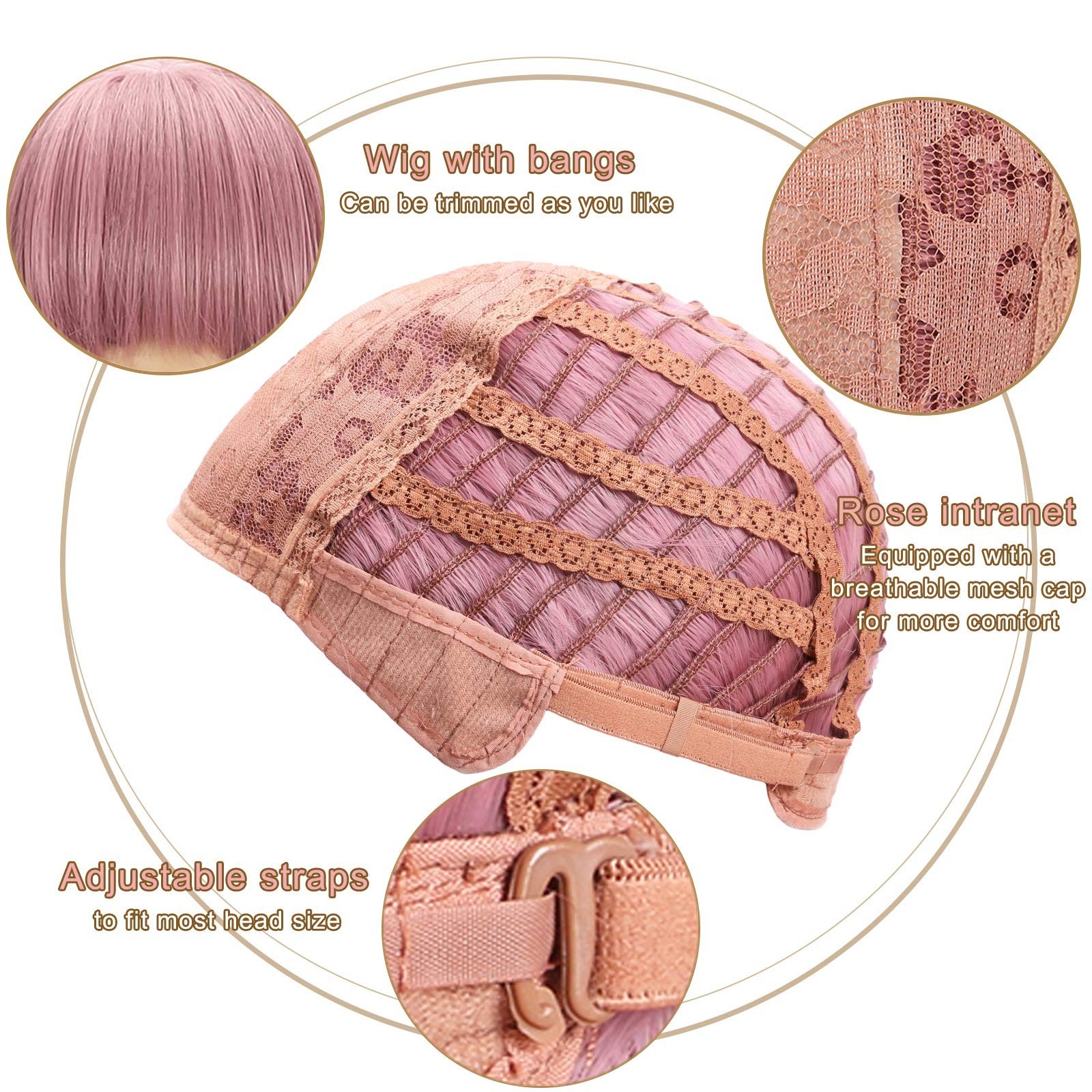 Short Pink Curly Wavy Wig with Bangs – 12″ Synthetic Costume Cosplay Hair for Wo