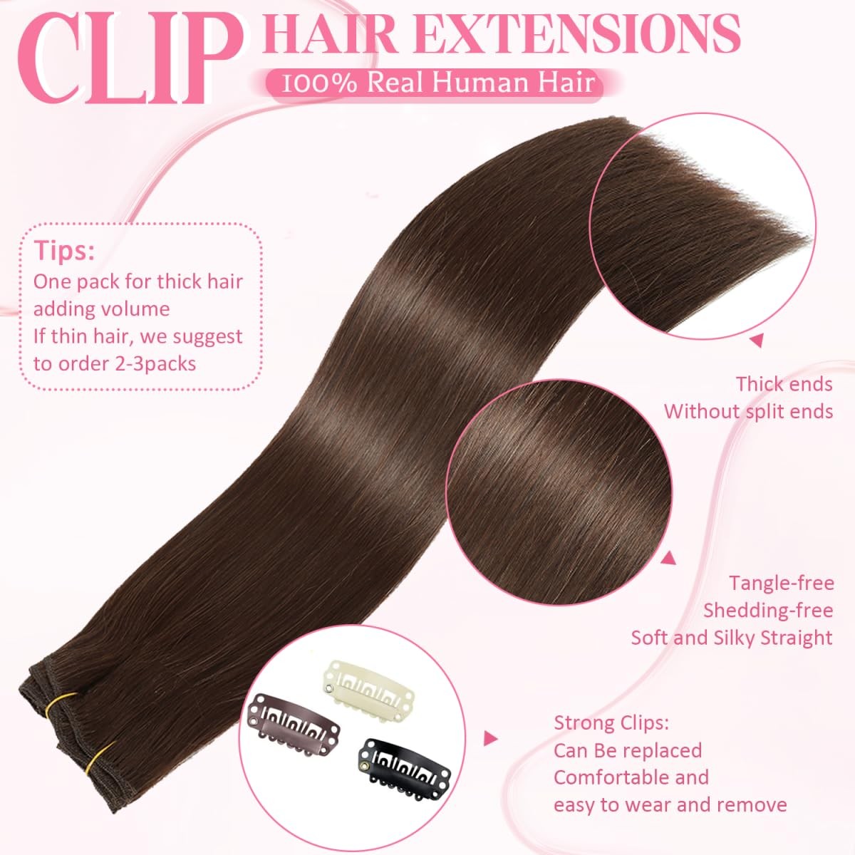 Clip in Hair Extensions Real Human Hair 3.6oz/100g Clip ins 100% Brazilian Re…