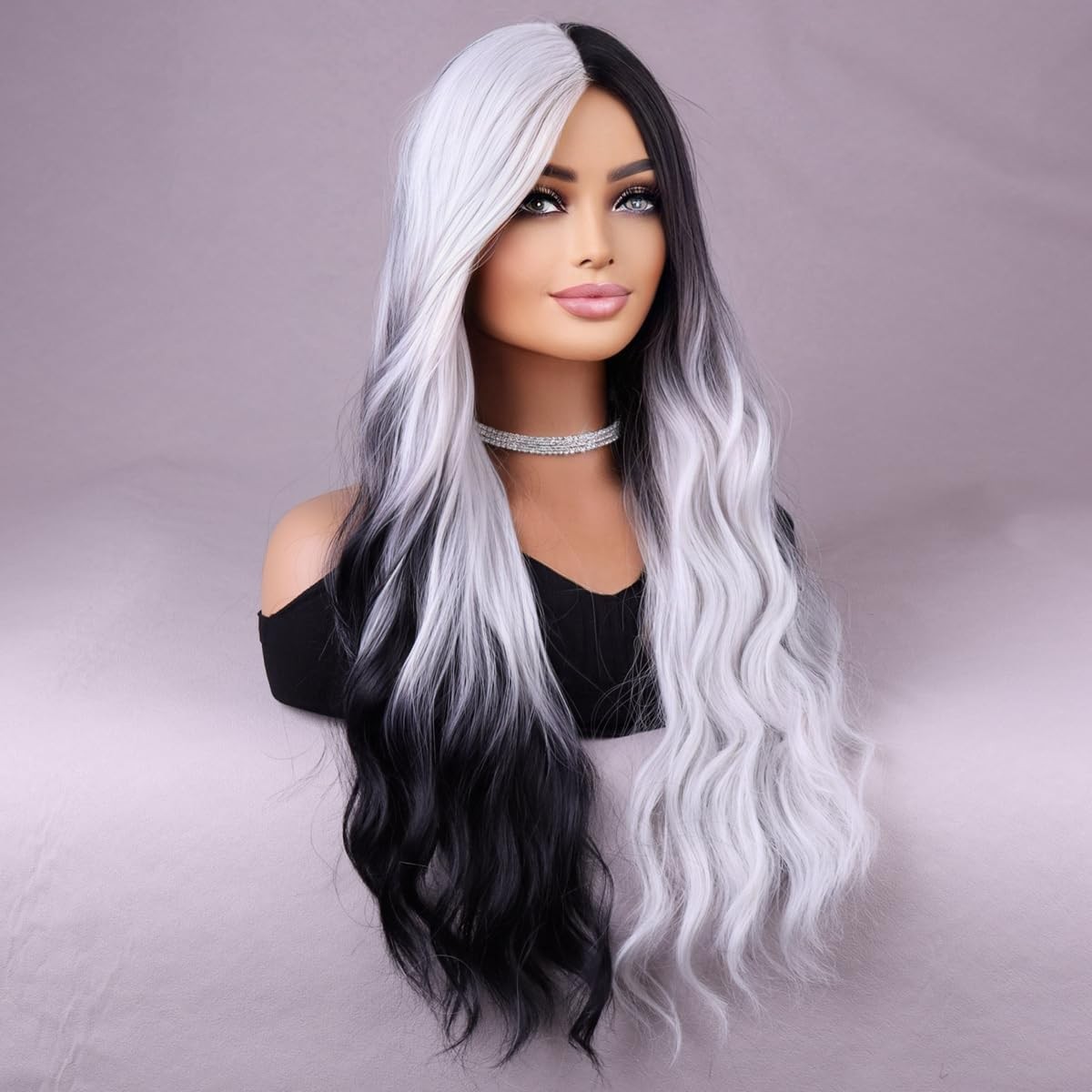 Black White Wig Long Wavy Split Wigs for Women Long Curly Black White Wig for…