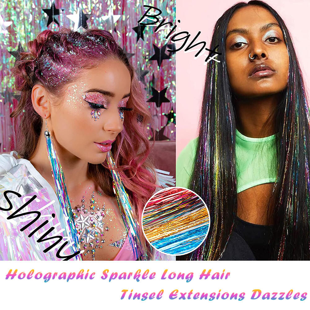 12 Colors 2400 Strands Hair Tinsel Kits Glitter Hair Extensions w/ Tool 47 Inch