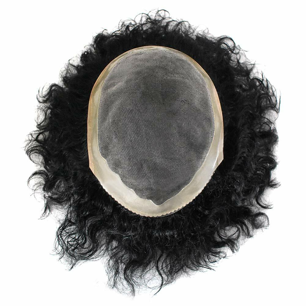 Mens Toupee Curly Wavy Human Hair Replacement System 20MM Wave Mono Poly NPU Wig