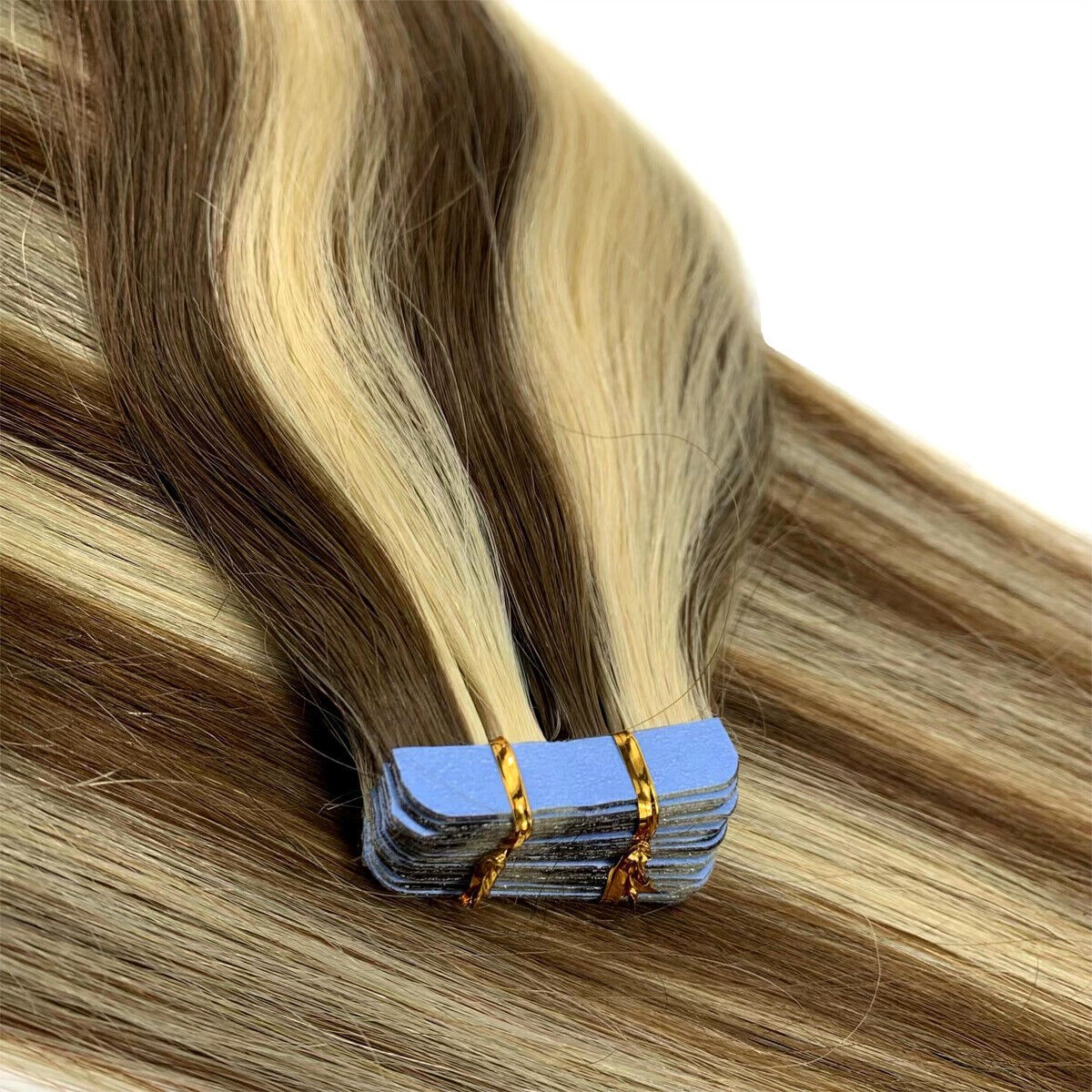 Tape in Human Hair Extensions Skin Wefts Remy Medium Brown Balayage Blonde26inch