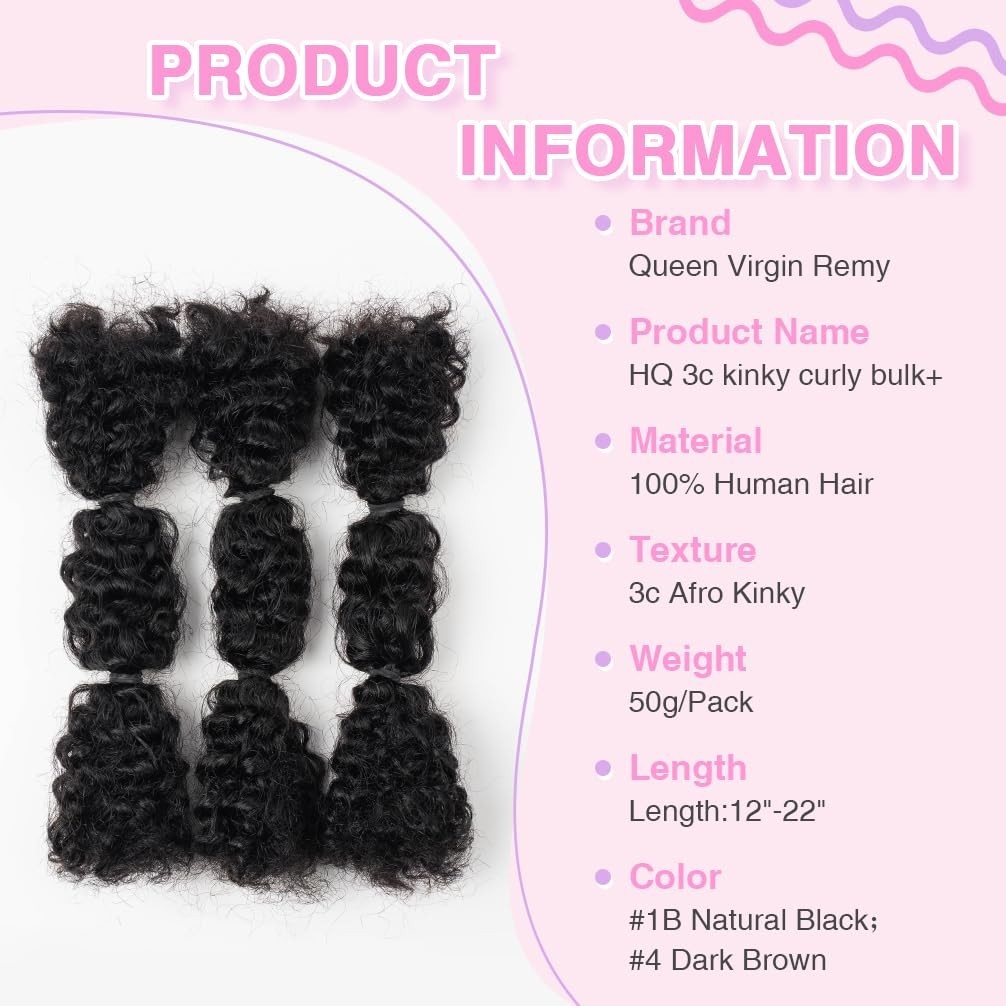 QVR Kinky Curly 3C Bulk Human Hair Spring Twist Extensions 22in Natural Black