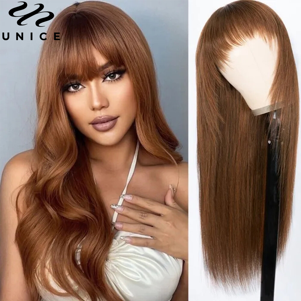 UNice Cambodian Brown Yaki Straight Human Hair Wig with Bangs Lace Wig Layer Cut