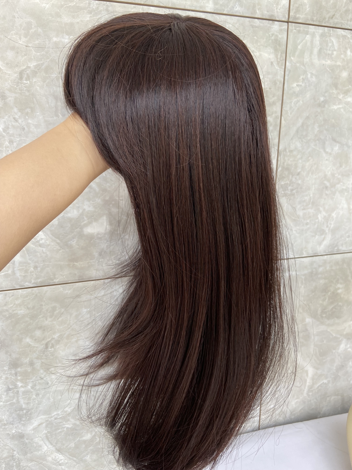 Long Straight Human Hair Blend Heat Ok Wigs Dark Brown Super Soft Natural Wigs