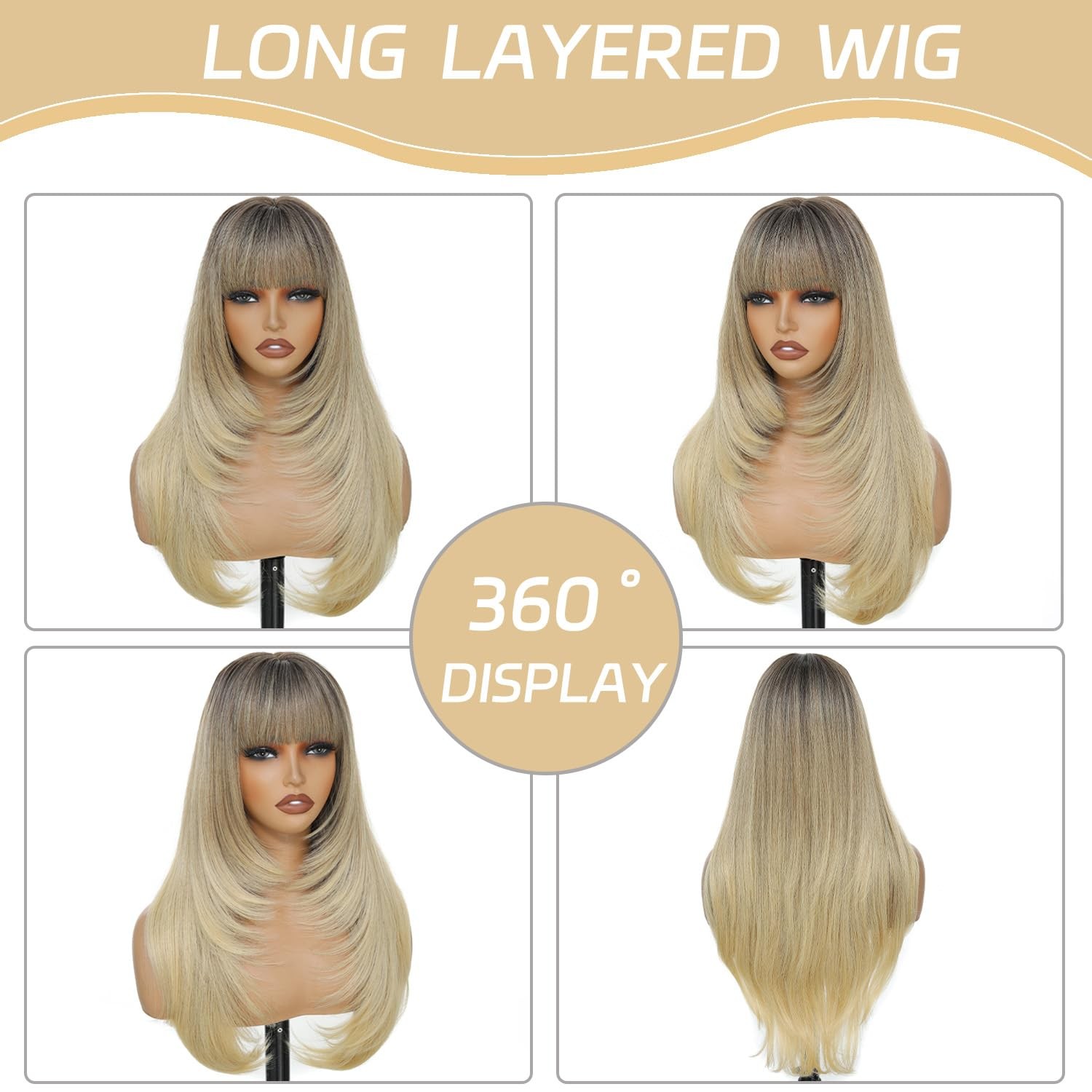 Ombre Blonde Layered Wig with Bangs 26 Inch Long Wavy Blonde Wigs for Women H…