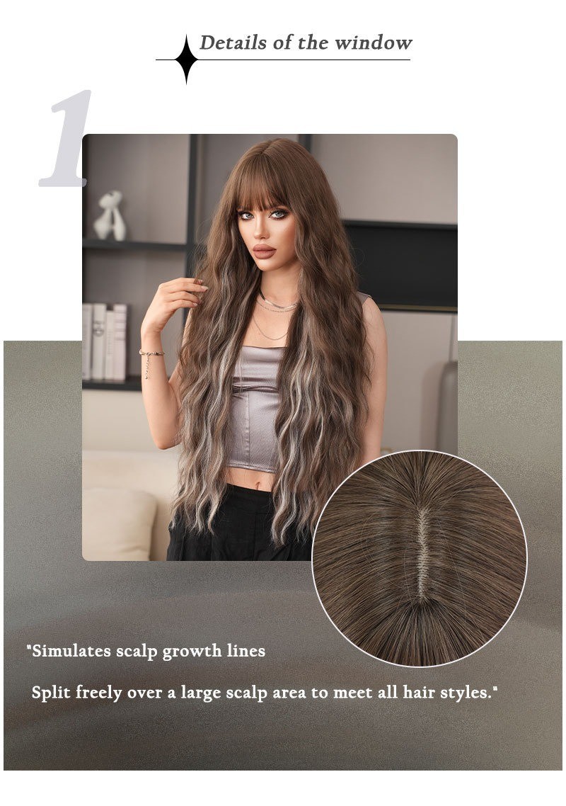 36-inch ultra-long wavy hair with fringe brown highlighted and gray heat-resist
