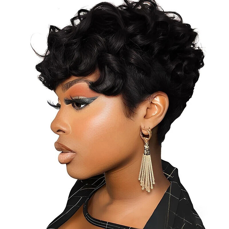 Short Black Curly Pixie Wigs Synthetic Natural Wavy Hair Wigs for Black Women US