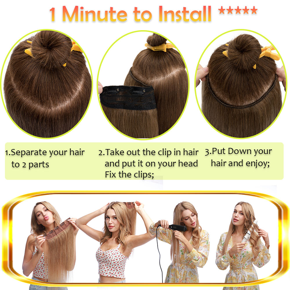 One Piece U-Shape 100% Remy Human Hair Extensions Clip In 3/4 Full Head Weft Icy