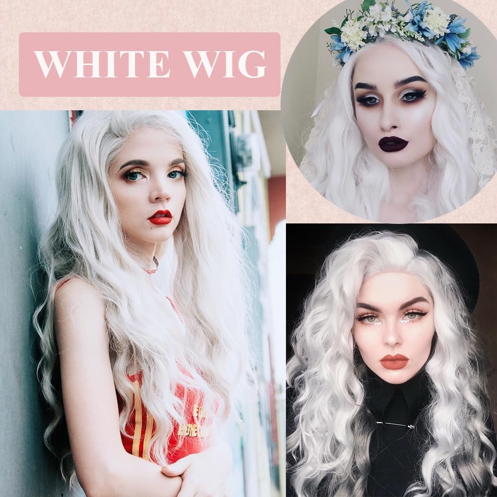 White Wigs for Women 26 Inch White Long Wavy Wig Middle Part Glueless Lace Wi…