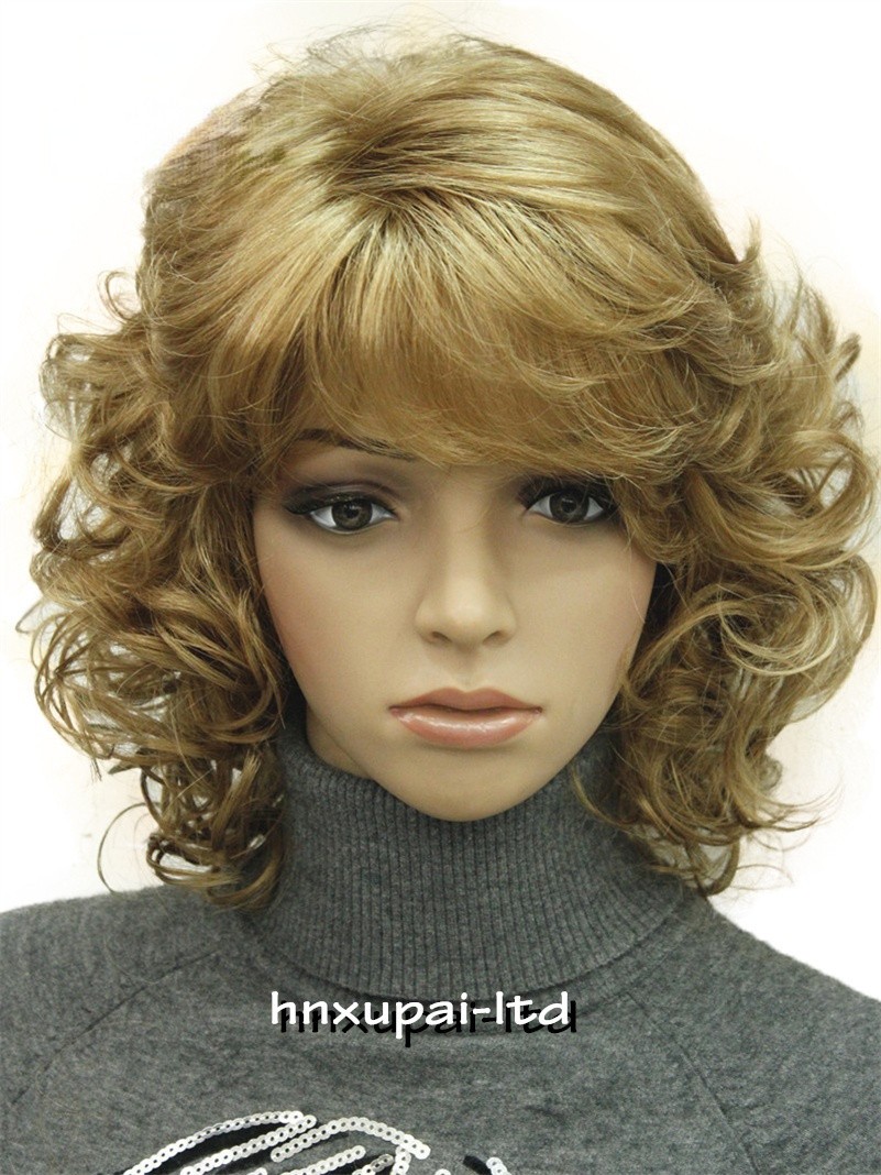 Short Loose Curls Curly Ash Brown Blonde Mix Synthetic Hair Wigs Women Soft