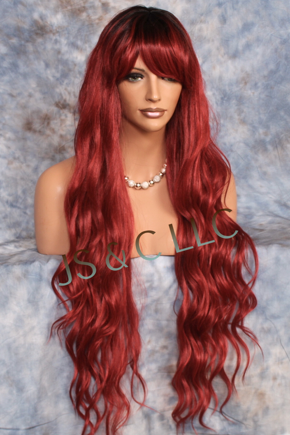 Human Hair Blend 40″ Long Full Wig Heat OK Wavy bangs JSSH Black roots Red Wine