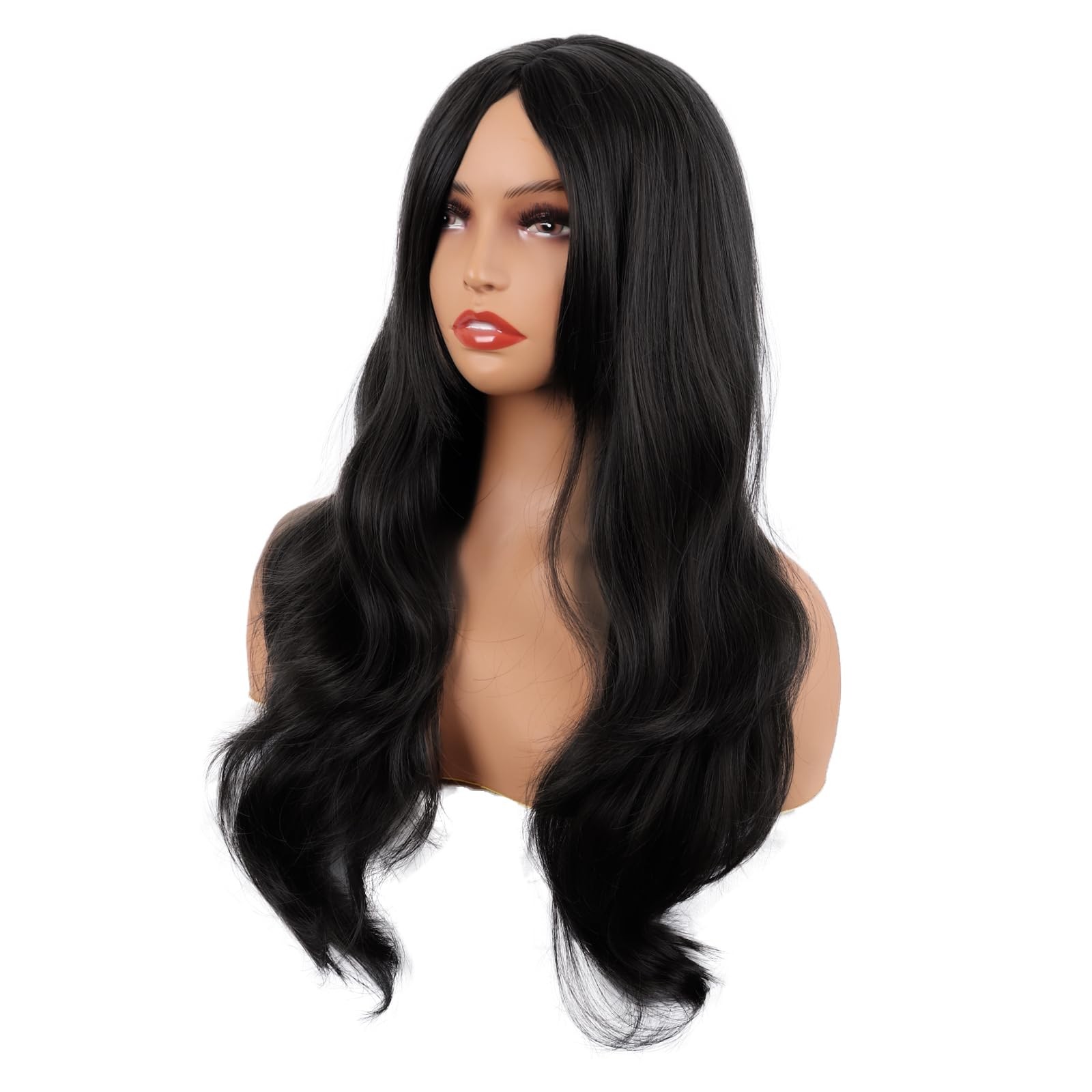 26 Inch Fashion Long Layered Side Bangs Wavy Curly Wig, Black