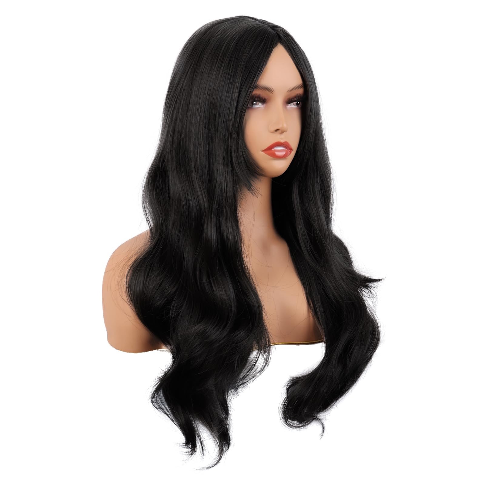 26 Inch Fashion Long Layered Side Bangs Wavy Curly Wig, Black