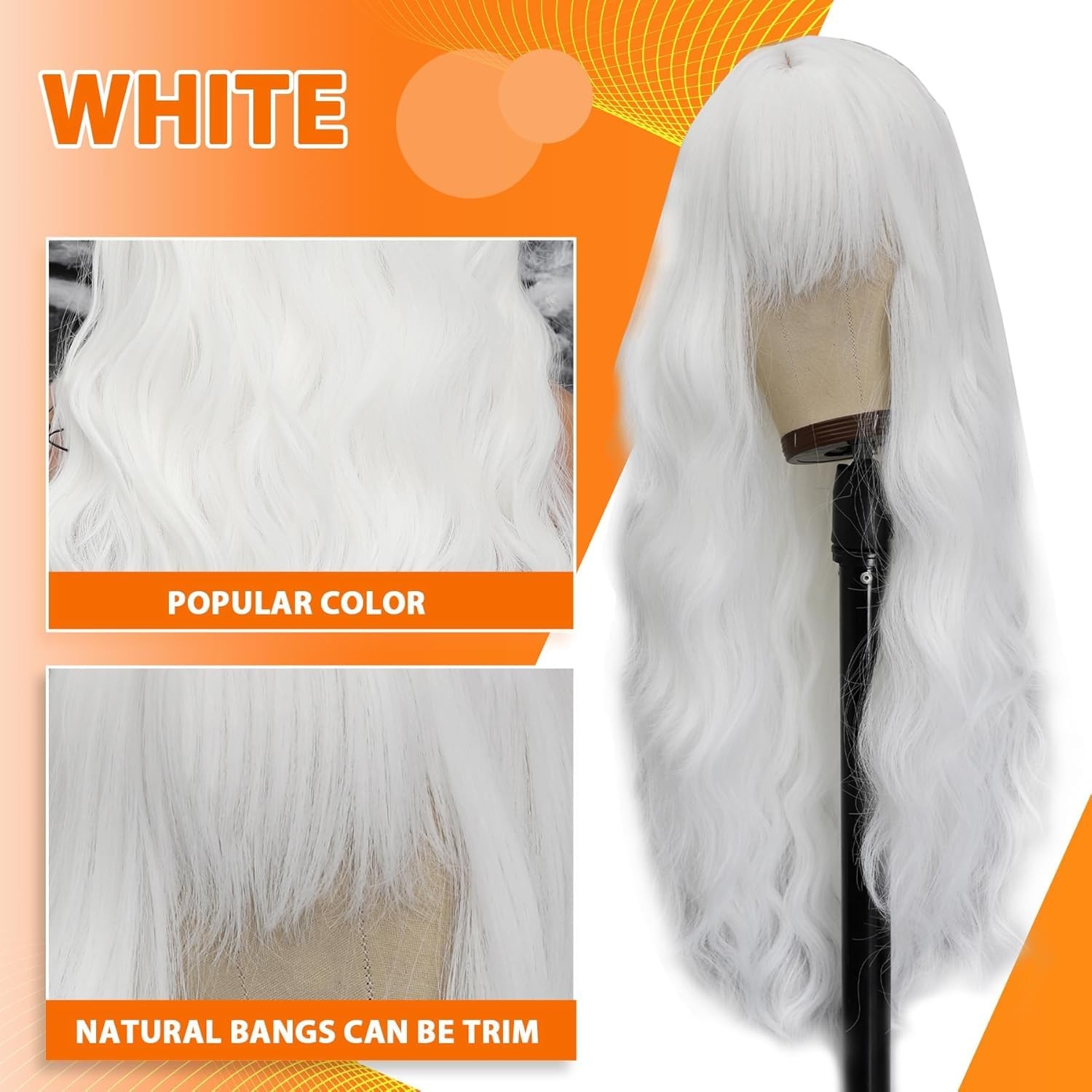 Long Wavy White Wigs for Women 26 Inch White Wig with Bangs Natural Looking S…