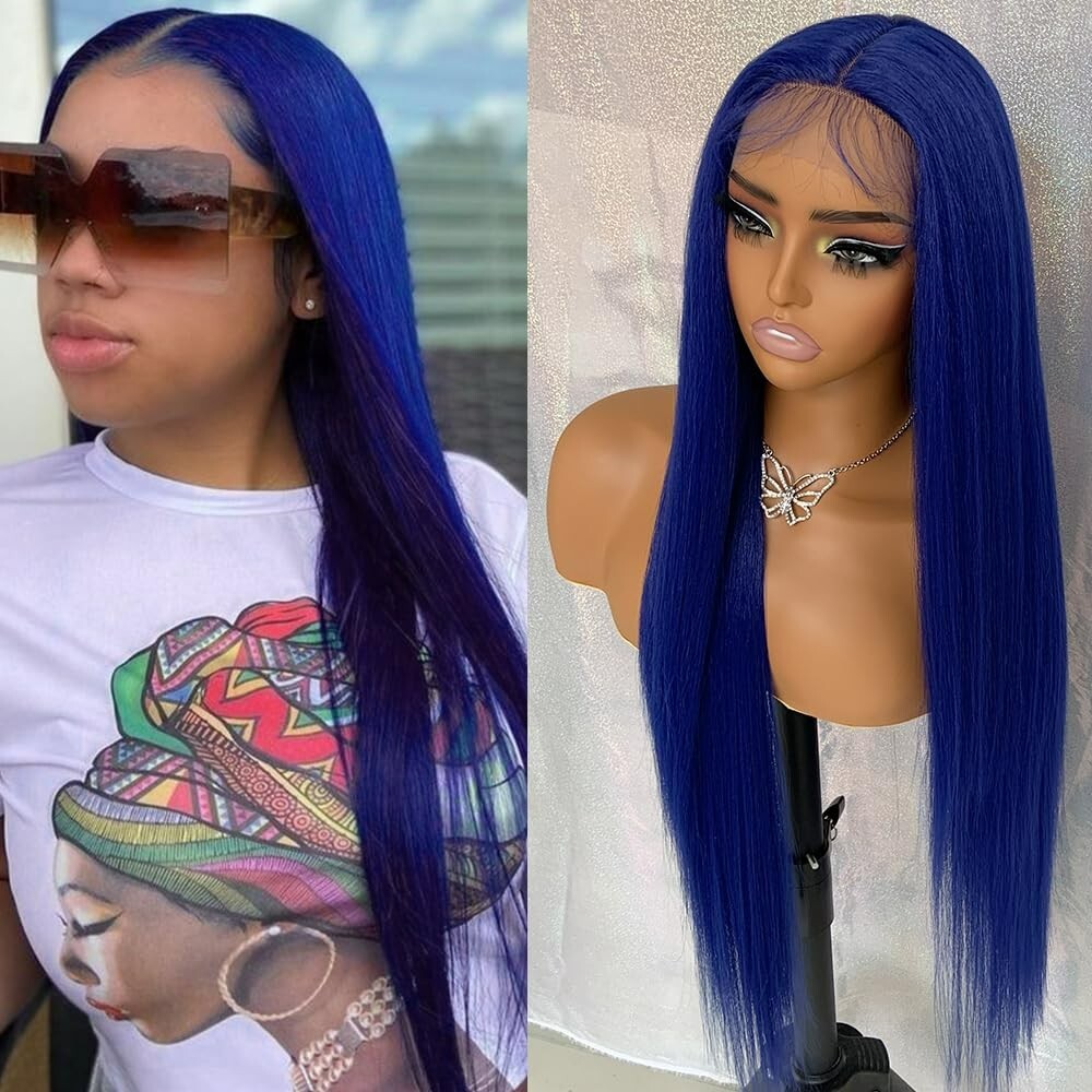 Long Straight Lace Front Wigs Blue Hair Synthetic Fiber Wig Party Heat Safe Soft