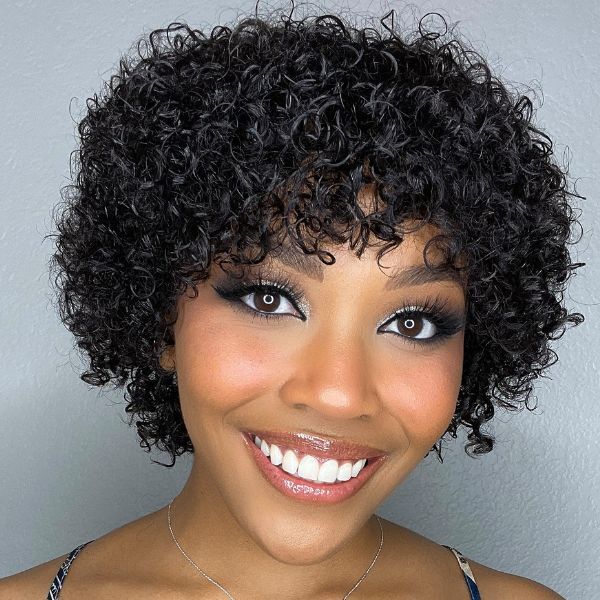 Human Hair Short Curly Wigs 6 Inch Natural Black Pixie Cut Afro Kinky Curly Wigs
