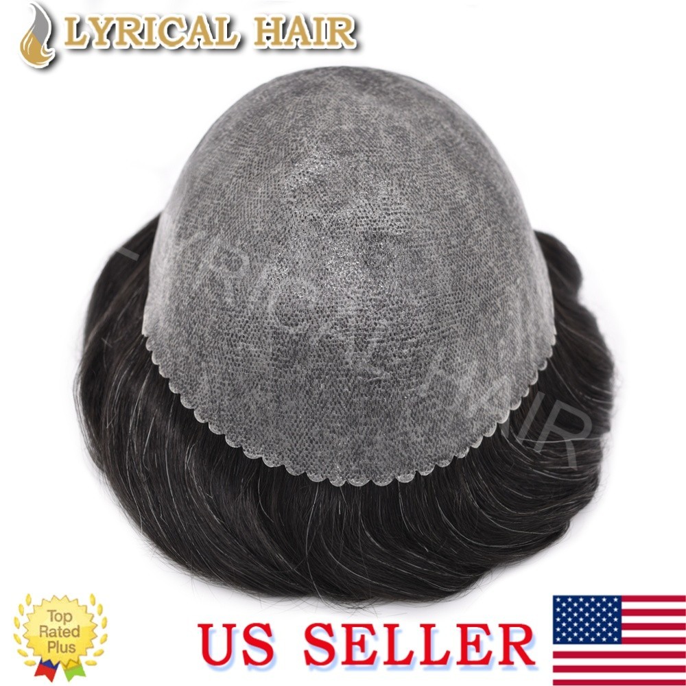 Lyrical Hair Full PU Mens Toupee Black Brown Grey Human Hair System Hairpiece US