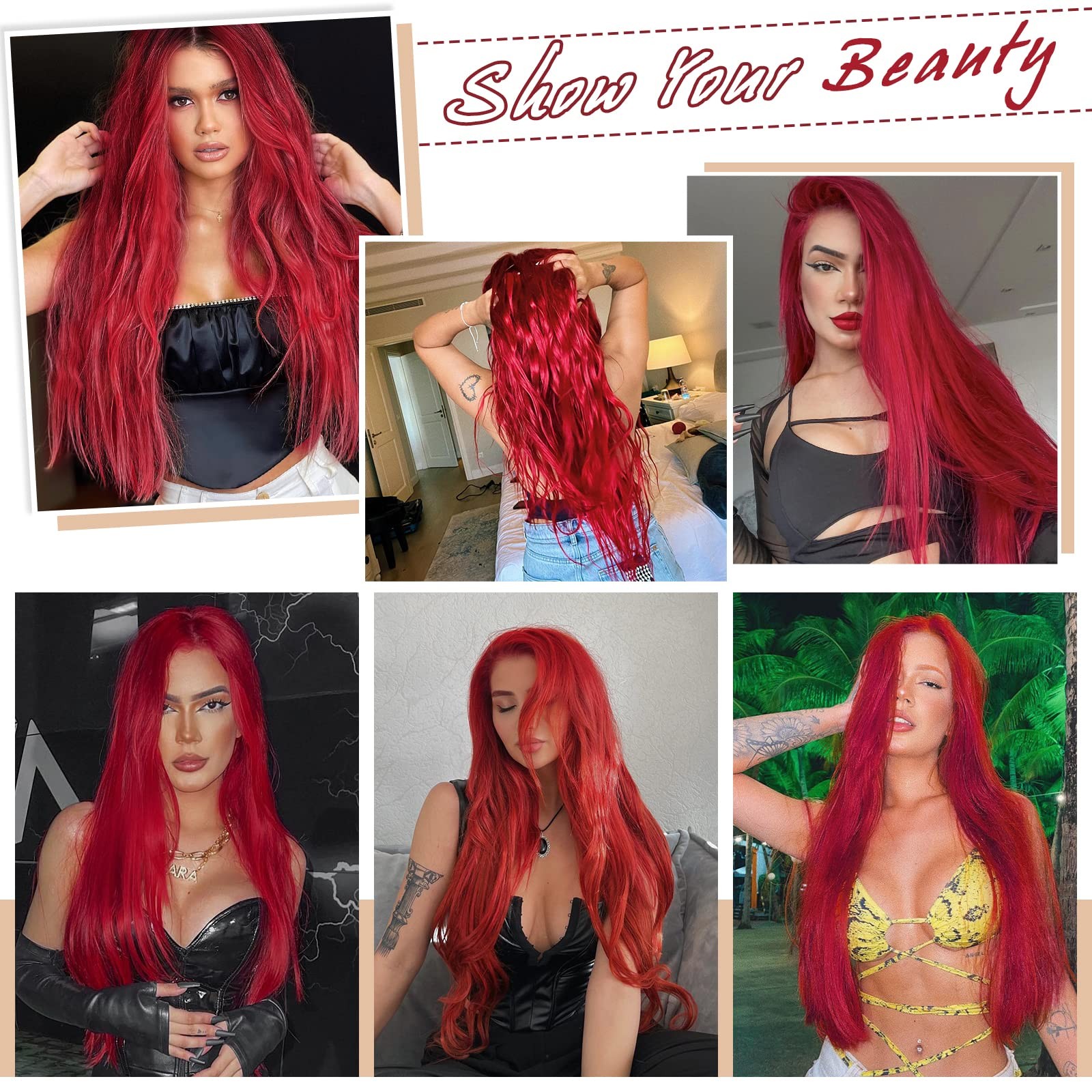 Red Wigs for Women Mermaid Waves Synthetic Wig 28 Inches Middle Part Long Wav…