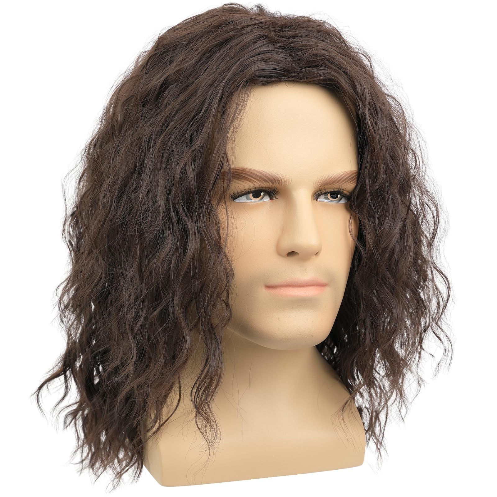 Mens Brown Wavy Wig – Medium Length Natural Look Middle Part Heat Resistant S…
